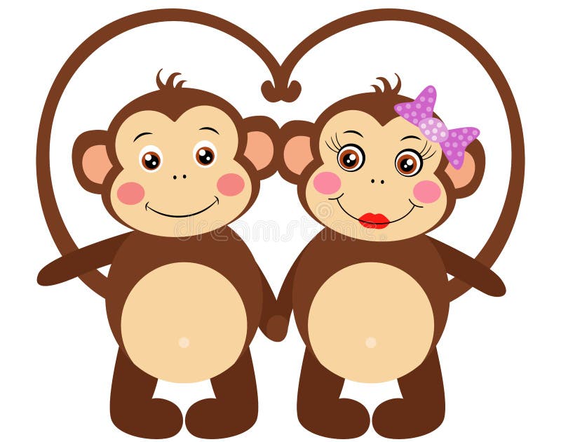 Cute Couple of Monkeys Shape Heart with Tails Stock Vector