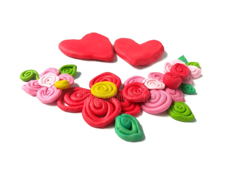 Cute couple red heart, plasticine clay, beautiful rose flower dough