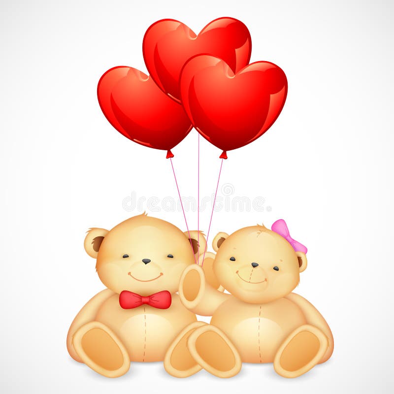Cute Couple of Teddy Bear Holding Heart Balloon Stock Vector