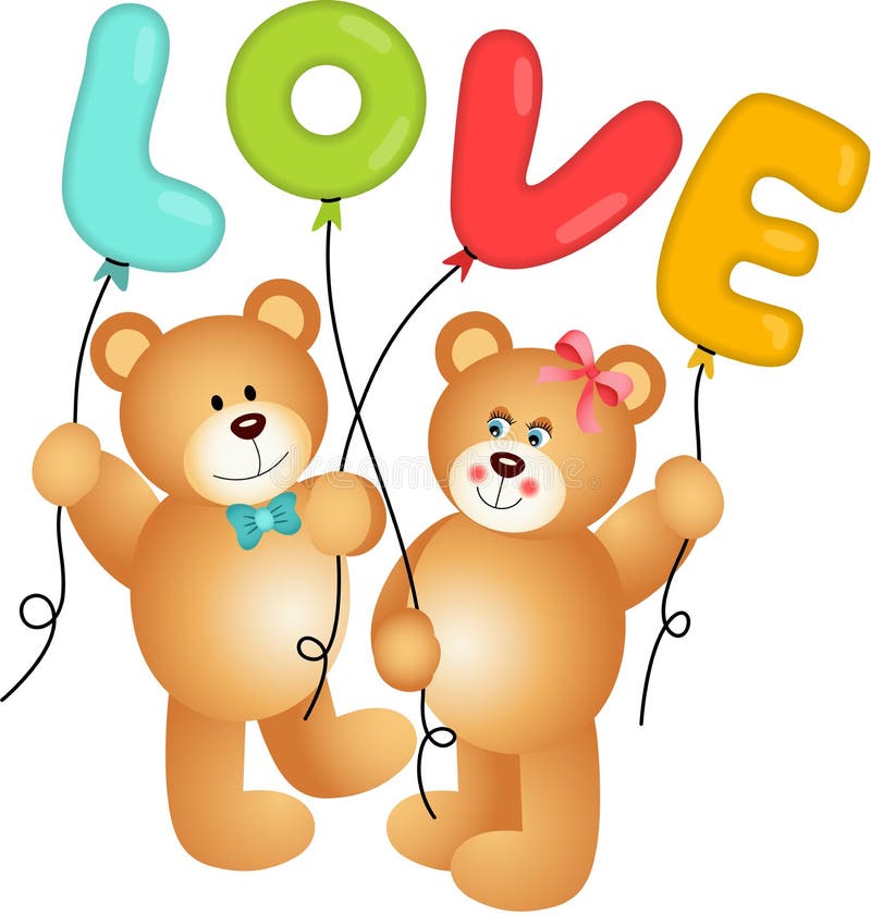 Cute Couple of Teddy Bear holding Love Balloon. 