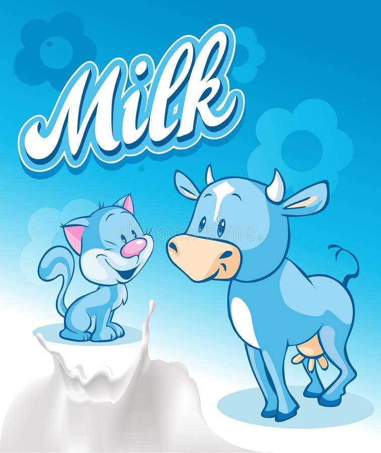 Cute Cow And Cat On Blue Milk Design Vector Stock Vector