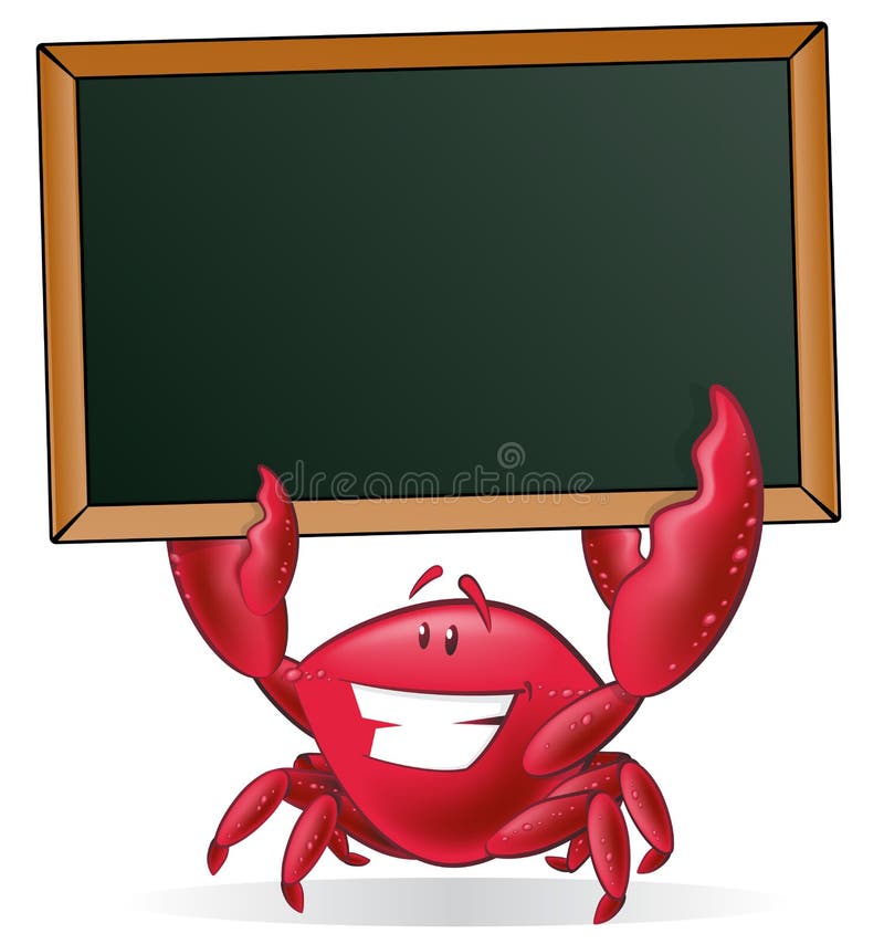 Great illustration of a Cute Cartoon Crab holding a chalk style blackboard with his Pincers to display his fishy menu. Great illustration of a Cute Cartoon Crab holding a chalk style blackboard with his Pincers to display his fishy menu.