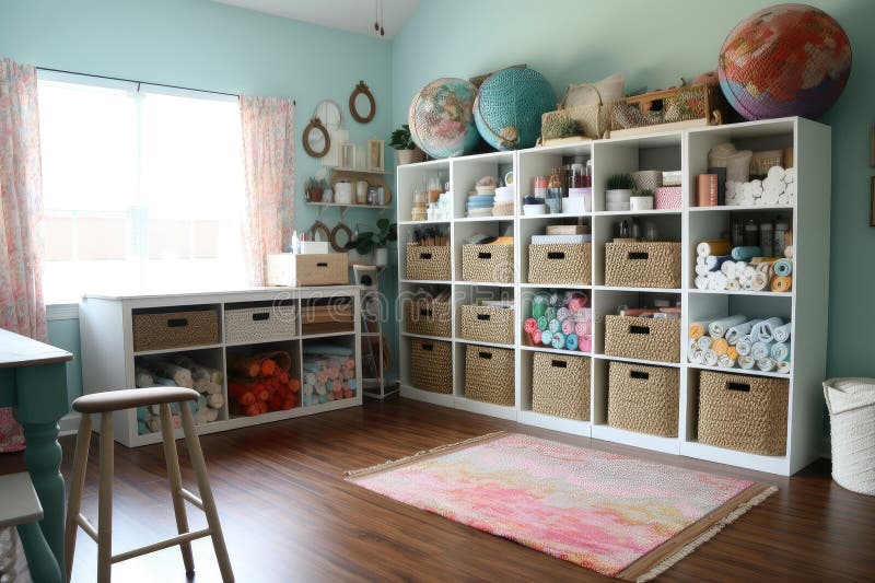 Cute Craft Room with Baskets, Bins, and Bins Filled with Yarns and