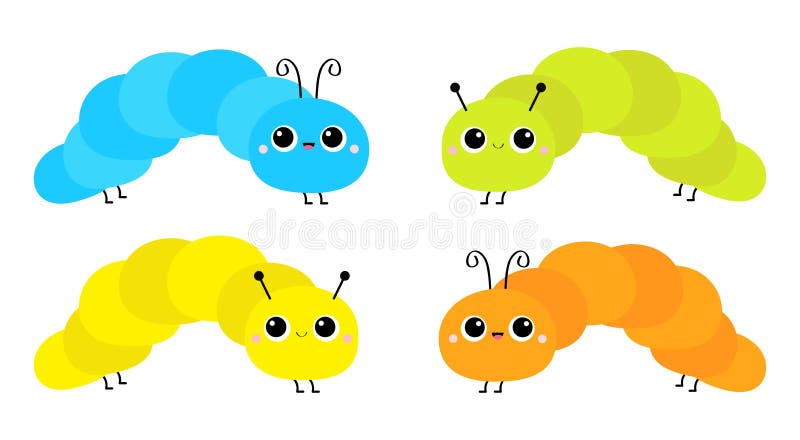 Cute crawling catapillar bug set. Caterpillar insect icon. Cartoon funny kawaii baby animal character. Colorful bright yellow blue