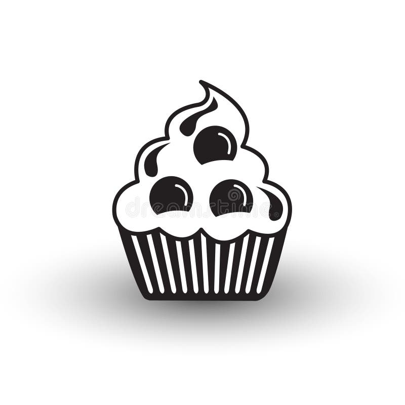 Cute cup cake dessert icon black and white vector with shadow, symbol of party, celebration, bakery or sweet food