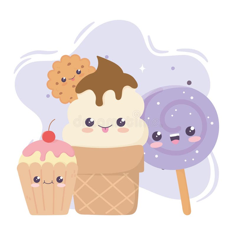 Cute Cupcake Ice Cream Cookie and Candy in Stick Kawaii Cartoon ...