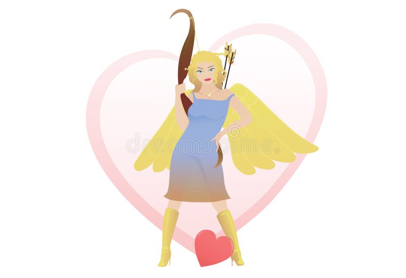 Cute Cupid angel holding a bow, with heart backgro
