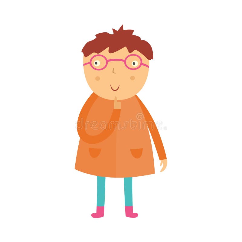 Cute curious little boy in glasses stands with his finger near face, looks up and thinks isolated on white background. stock illustration Cute curious little boy in glasses stands with his finger near face, looks up and thinks isolated on white background. stock illustration