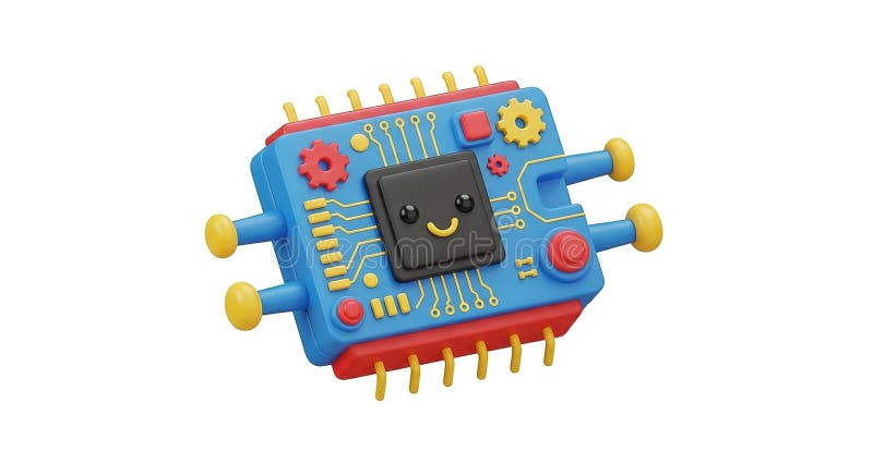 Cute d render of a stylized circuit board with happy face on the chip featuring colorful components and wires perfect for tech ai ilustração do vetor