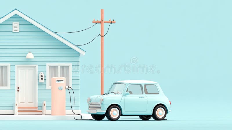 Cute 3D rendering shows a small car charging by a home electricity station, surrounded by trees and a peaceful house backdrop stock illustration