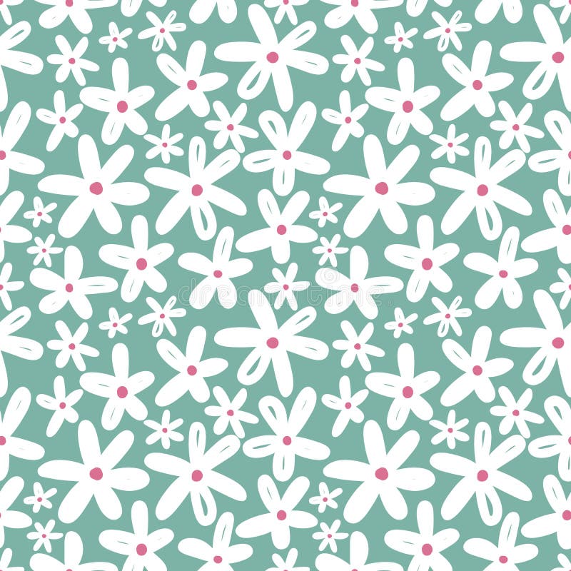 Cute Daisy Flowers Seamless Pattern on Muted Blue Background. Vector