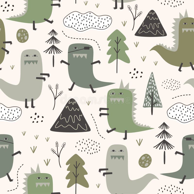 Cute dino seamless pattern with jungle theme. Childish dinosaur with hand drawn tree, mountain, and clouds in scandinavian style vector illustration