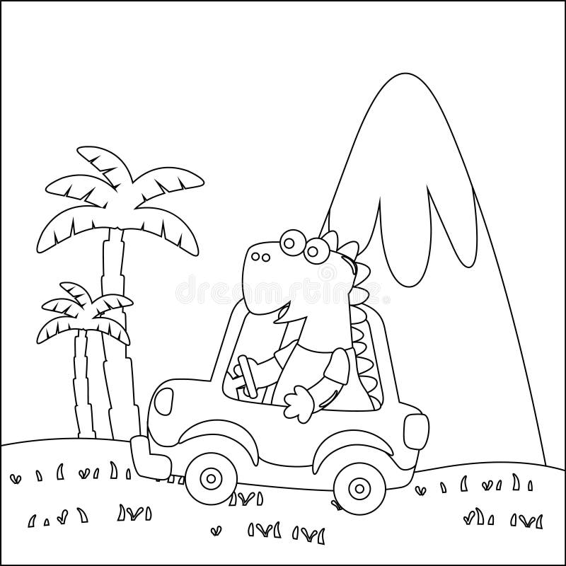Cute Dinosaur Driving a Car Go To Forest Funny Animal Cartoon. Childish  Design for Kids Activity Colouring Book or Page Stock Vector - Illustration  of dino, kids: 232607695