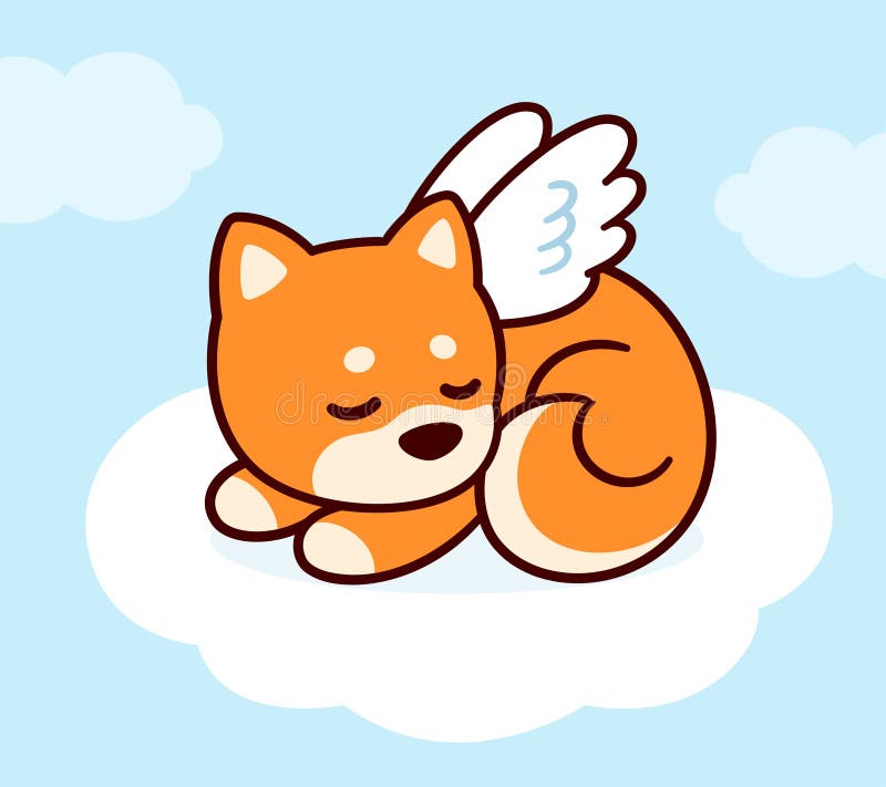 Cute angel dog with wings sleeping on cloud in heaven. Pet death loss greeting card. Shiba Inu drawing, vector illustration. Cute angel dog with wings sleeping on cloud in heaven. Pet death loss greeting card. Shiba Inu drawing, vector illustration