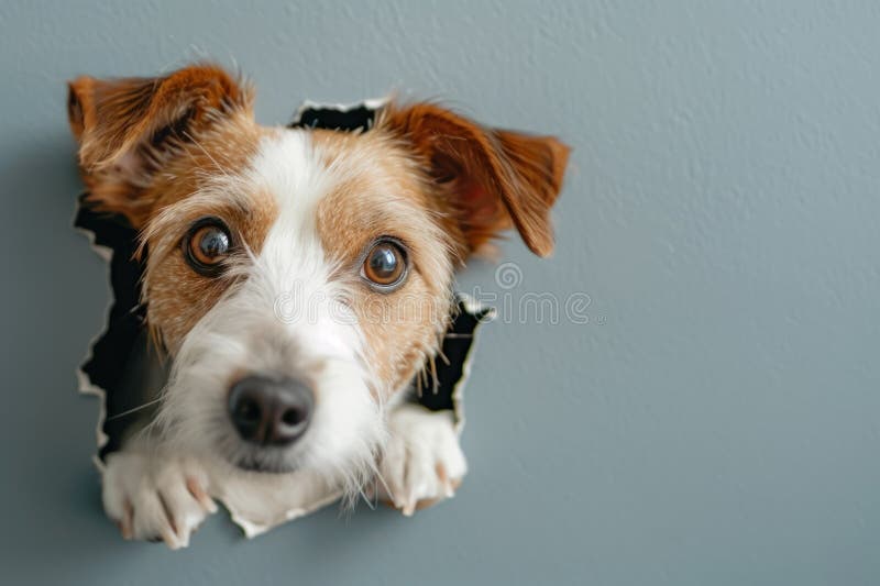 Cute dog peeking through hole in torn paper background. Copy space for text stock photography
