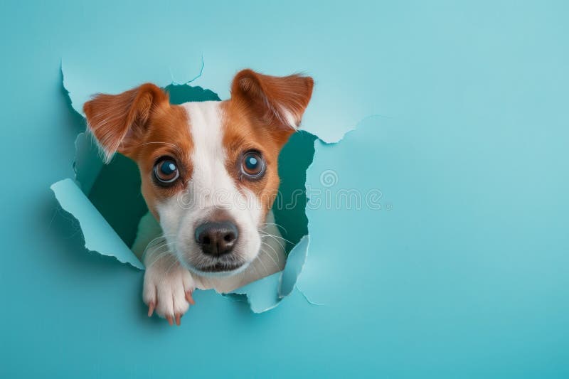 Cute dog peeking out of torn paper hole stock image