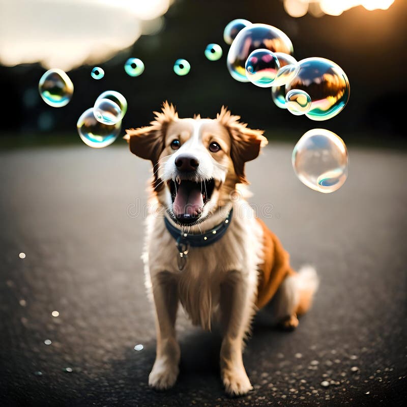 Cute Dog Playing with Bubbles Ai Generated Image Stock Illustration