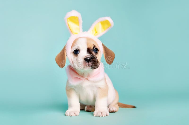 Cute Dog Puppy with Easter Bunny Ears on Blue Background. Generative AI
