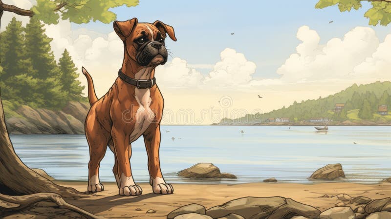 Nostalgic Boxer Dog Illustration Beach, Trees, And Ontario Shores stock illustration