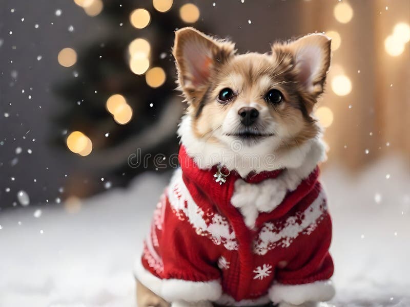 Cute Dog Wearing Christmas Attire in the Snow with Copy Space Stock