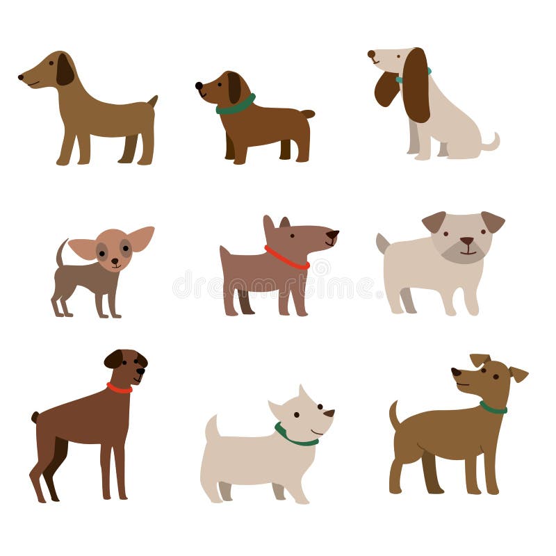 Cute dogs illustration coloured vector design. Vector illustration of funny cartoon different breeds dogs in trendy flat style stock illustration Cute dogs illustration coloured vector design. Vector illustration of funny cartoon different breeds dogs in trendy flat style stock illustration
