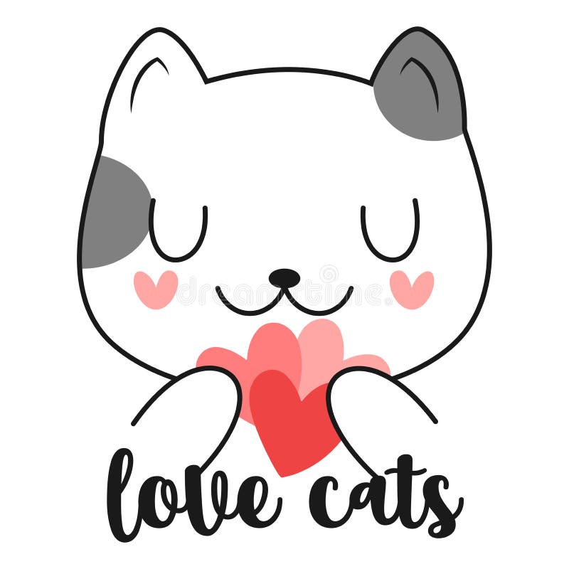 Cute Doodle Cat with Hearts. Love Cats Quote. Vector Illustration ...