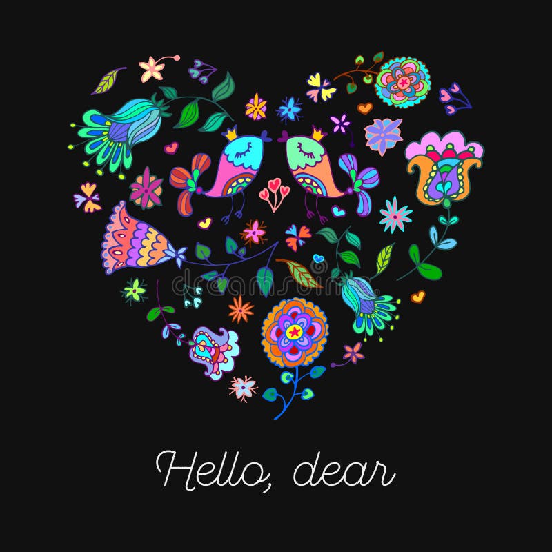 Cute doodle heart with floral background and space for text.