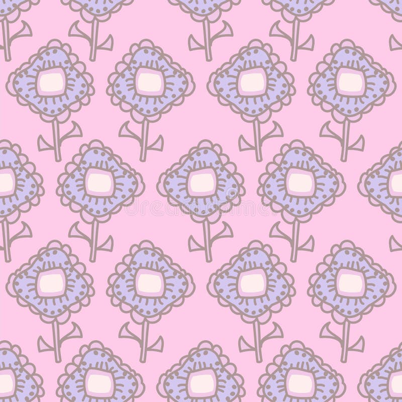 Cute doodle style hand drawn flowers vector repeatable pattern in pale pink and lilac