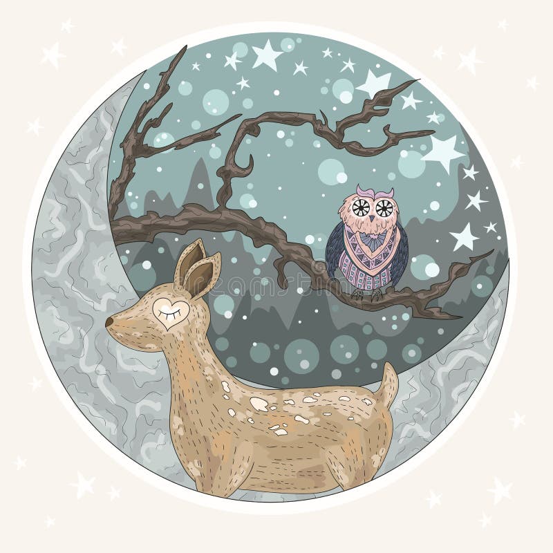 Cute dreaming deer background with mountains, tree, owl, moon