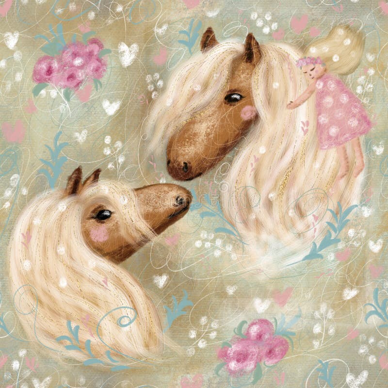 Cute dreaming romantic horses with flowers and a little girl.