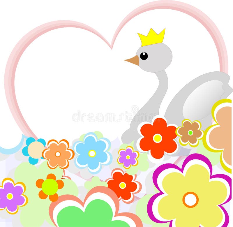 Cute duck in heart with flowers. greeting card
