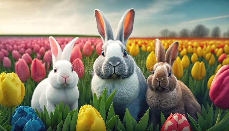 Cute Easter bunnies with tulip flowers field. Generative AI royalty free illustration