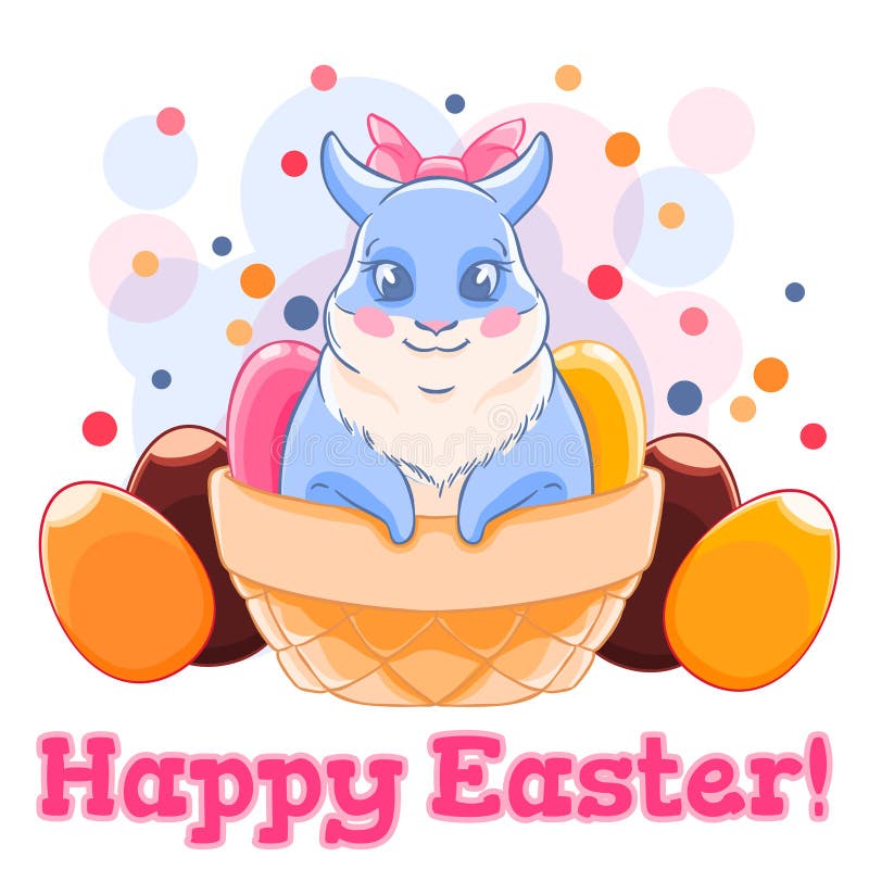 Cute Easter Bunny in Basket with Sweets and Chocolate Eggs. Confetti