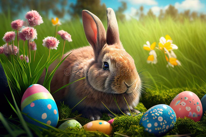 Cute easter bunny in grass and daisy flowers nest with colorful easter eggs