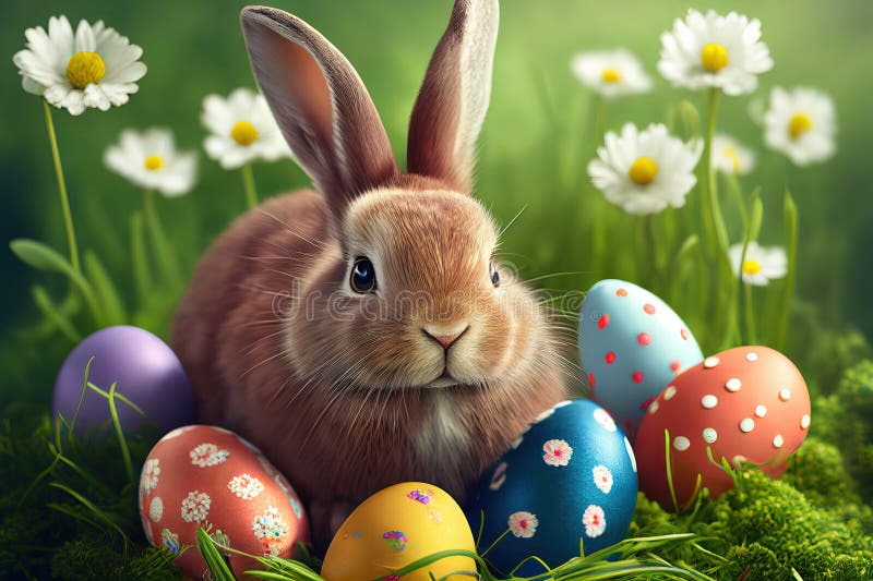 Cute easter bunny in grass and daisy flowers nest with colorful easter eggs