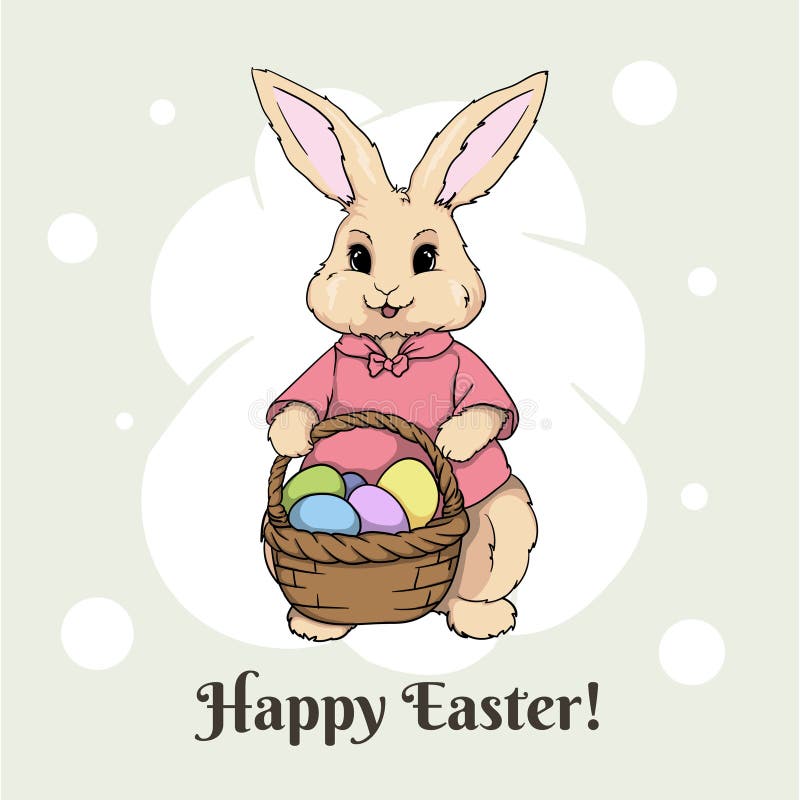 Cute Easter bunny holding a basket with colored eggs. Easter card. Bright vector illustration royalty free illustration
