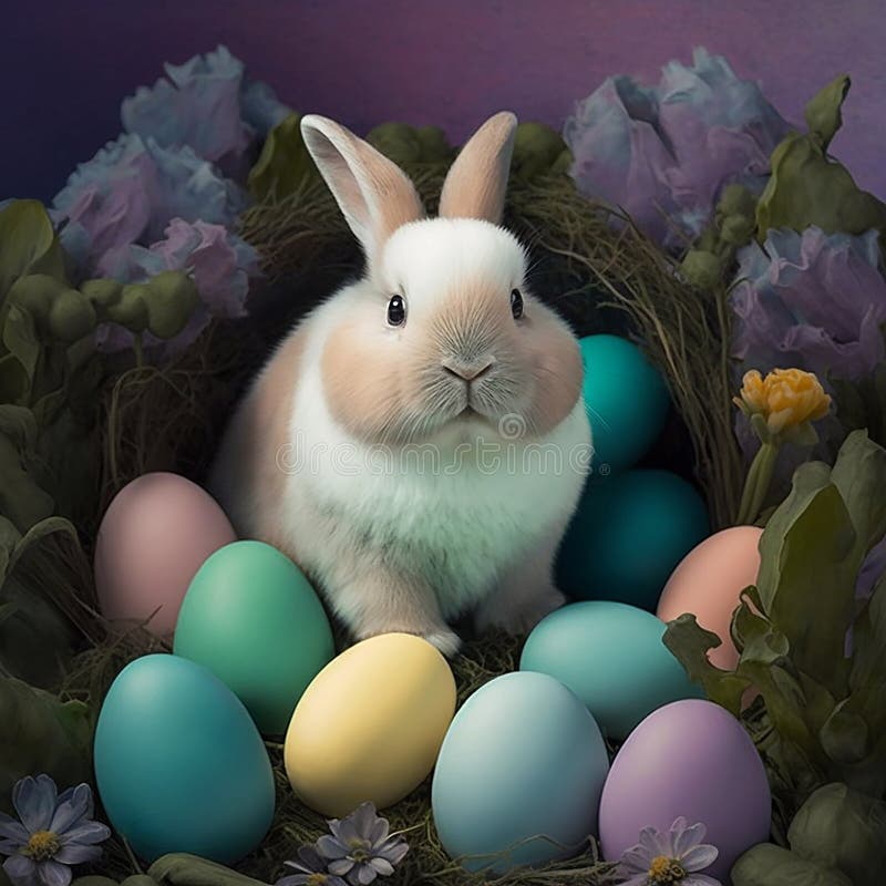 Cute Easter Bunny in the Middle of Small Easter Eggs in Pastel Tones