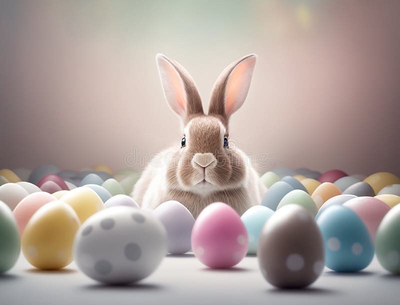 Cute Easter Bunny in the Middle of Small Easter Eggs in Pastel Tones