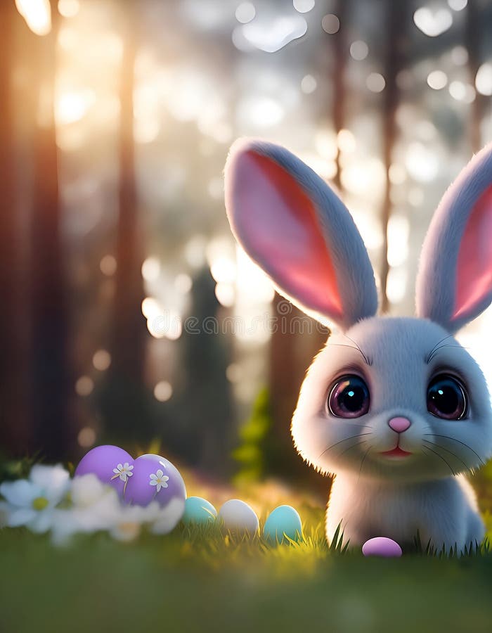 Cute Easter Bunny with Pastel Easter Eggs in a Magical Forest AI