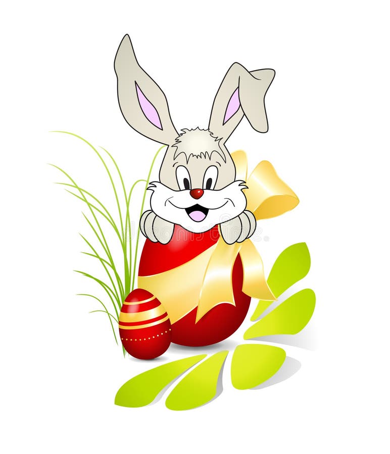 Cute Easter bunny with red egg and golden bow
