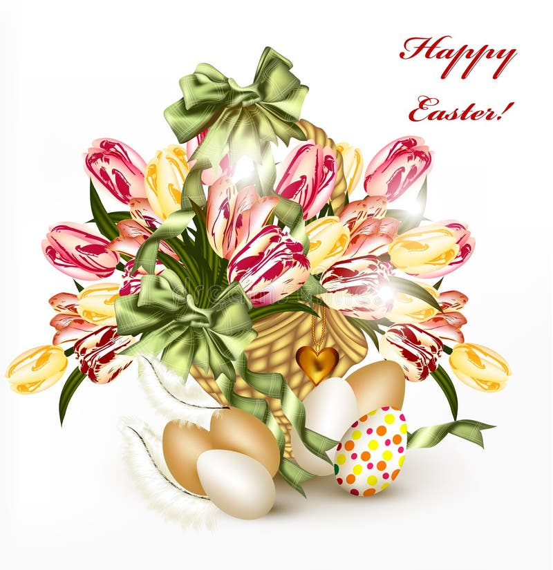 Cute Easter greeting card with basket full of realistic tulips