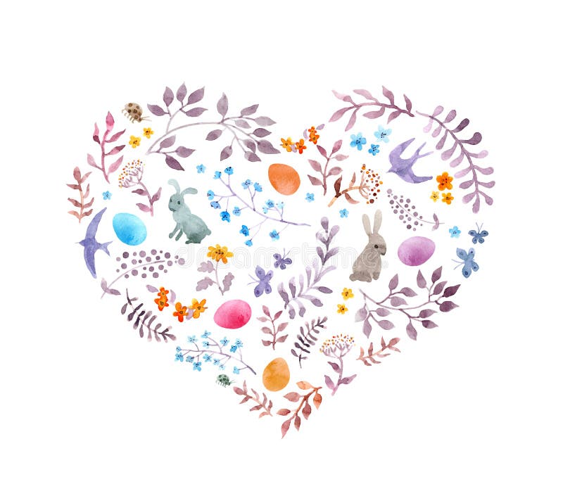 Cute easter heart with rabbits, eggs, vintage flowers, birds. Watercolor