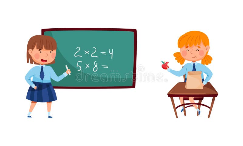 Cute Elementary School Students in Uniform. Girls Studying Math at Lesson Cartoon Vector Illustration Stock Vector - Illustration of chalkboard, character: 236271671 Cute Elementary School Students in Uniform. Girls Studying Math at Lesson Cartoon Vector Illustration Stock Vector - Illustration of chalkboard, character: 236271671