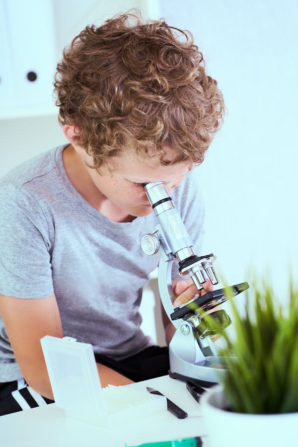 Cute elementary schoolboy som tittar på mikroskop vid sitt skrivbord på laboratoriet Unga forskare som gör experiment i royaltyfria bilder