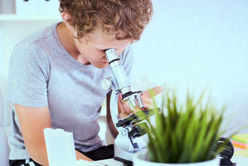 Cute elementär skolpojke som tittade på mikroskop vid sitt skrivbord i laboratoriet Unga forskare som gör experiment på royaltyfria bilder