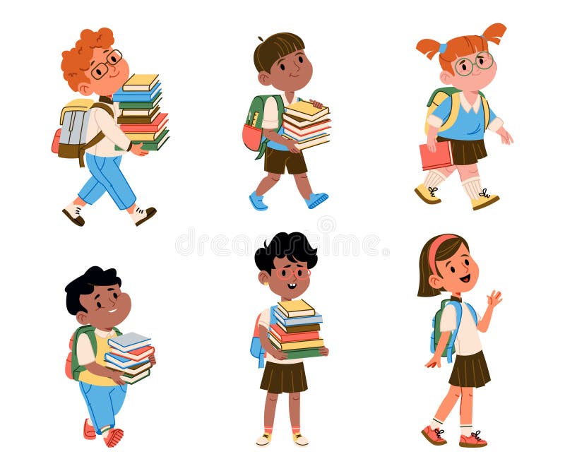 Cute, elementära pojkar och flickor, i uniform med ryggsäckar med böcker till skolbänk royaltyfri illustrationer
