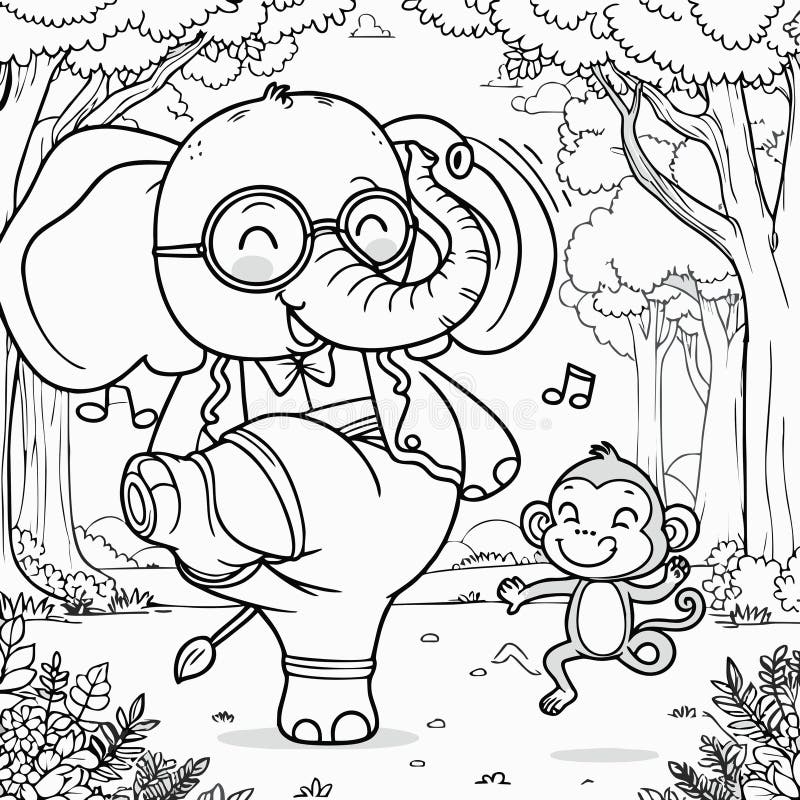 Cute Elephant Dancing with Monkey Vector Illustration for Coloring ...