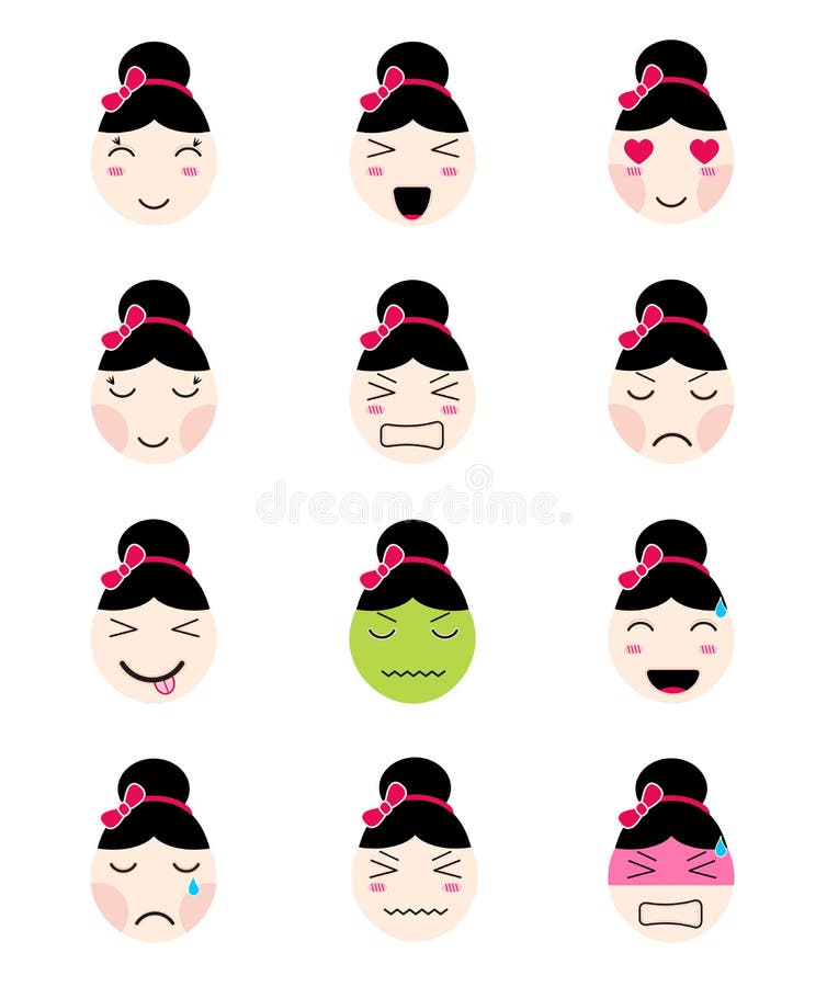 cute emoji collection kawaii asian girl face different moods set flat emoticon anime style isolated thai icons emotions 89141509