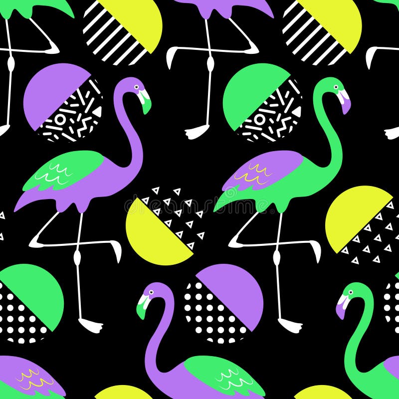 Cute exotic tropical seamless background with cartoon characters of neon flamingos in 80s style