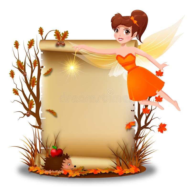 Cute fairy with blank paper in autumn time